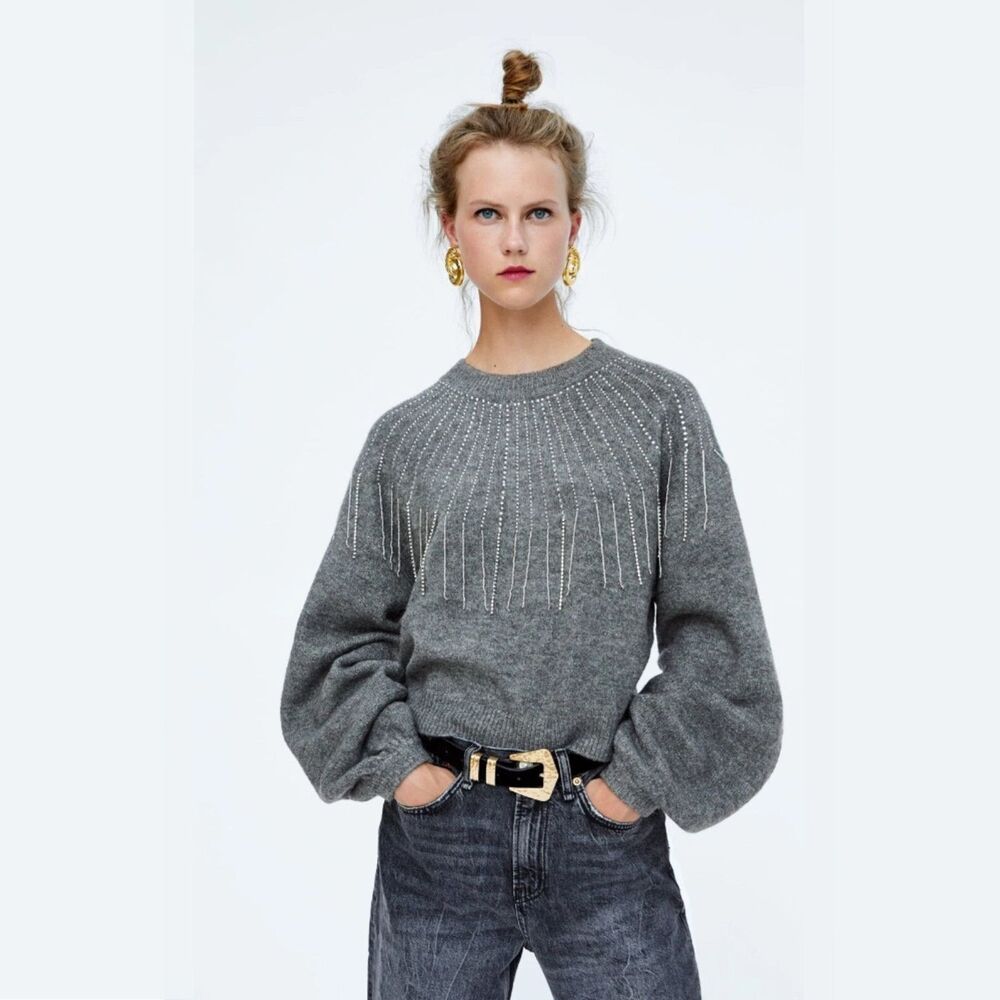 Zara AW18 Beaded Fringe Knit Sweater M Grey Rhinestone Mob Wife Statement Knit